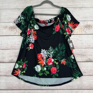 Vince Camuto Havana Brights Floral Off the Shoulder Blouse Women's L Black/Green